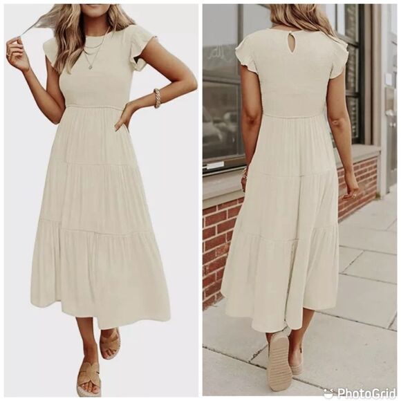 NWT ZESICA Flutter Short Sleeve Crew Neck Smocked Elastic Waist Tiered Midi Dres - Picture 1 of 13
